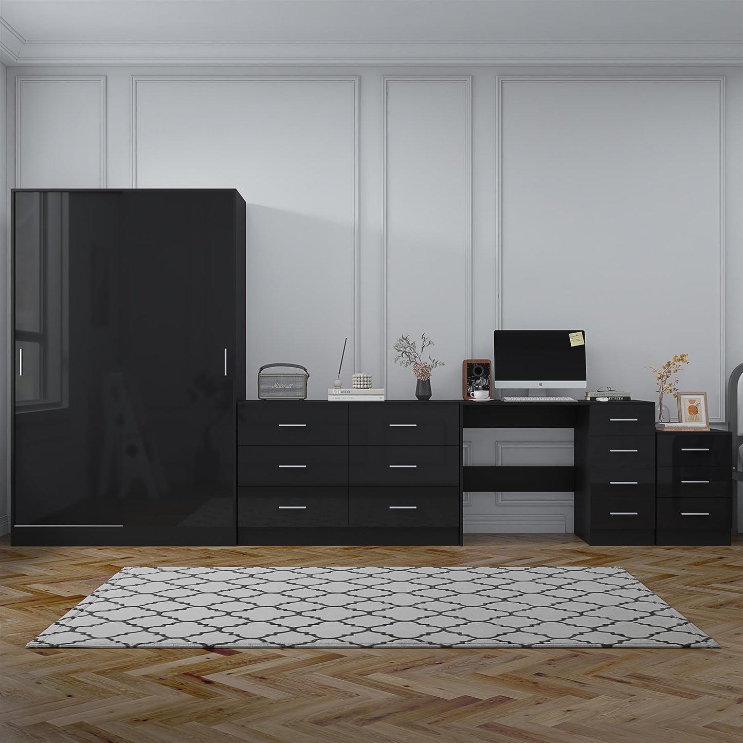 Reflect 2 Door Sliding Wardrobe, 6 Drawer Wide Chest, 3 Drawer Bedside, 4 Drawer Desk - Black Gloss & Black Oak - Modern Bedroom Furniture Set