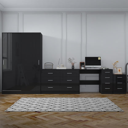 Reflect 2 Door Sliding Wardrobe, 6 Drawer Wide Chest, 3 Drawer Bedside, 4 Drawer Desk - Black Gloss & Black Oak - Modern Bedroom Furniture Set