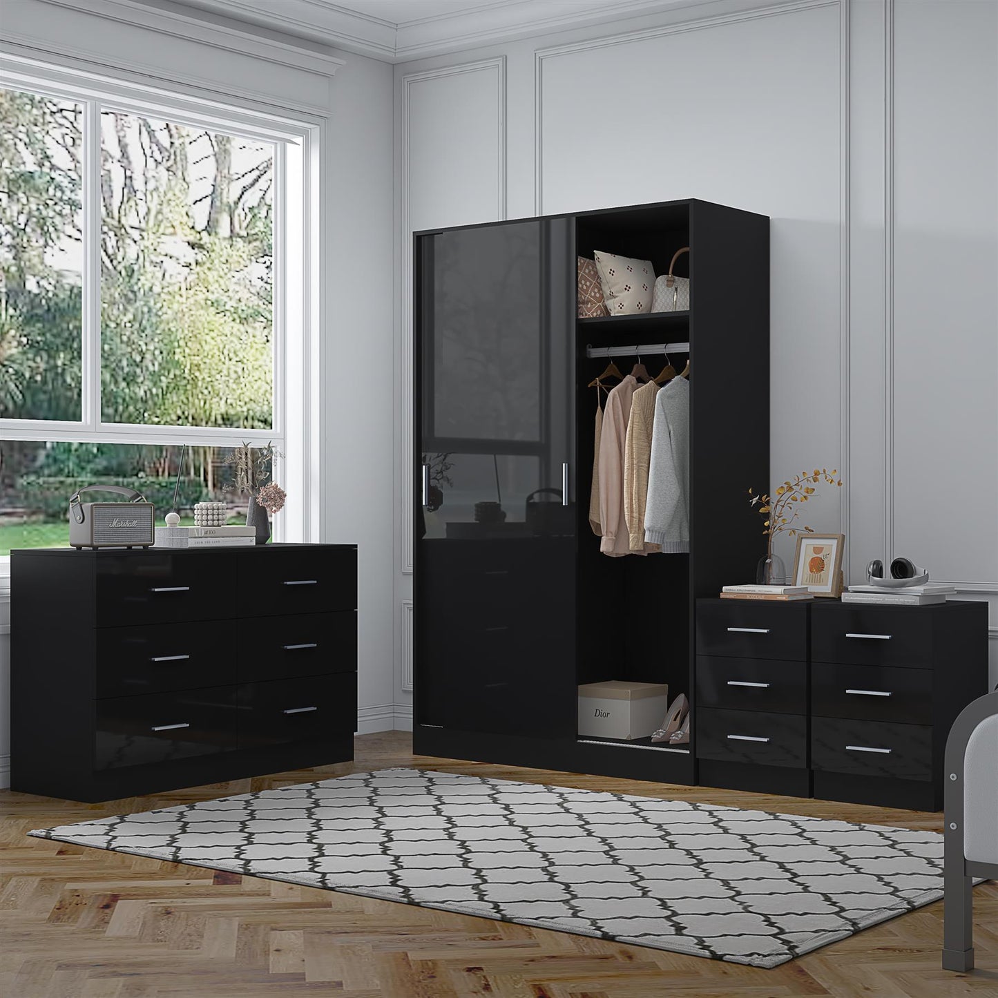 REFLECT Gloss 4pc Set - 2 Door Sliding Wardrobe + Wide Chest + 2 Tall Bedsides
