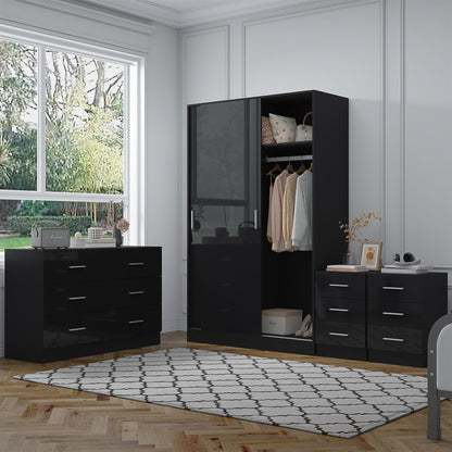 Reflect 2 Door Sliding Wardrobe, 6 Drawer Wide Chest, 2x3 Drawer Bedsides - Black Gloss & Black Oak - Modern Bedroom Furniture Set