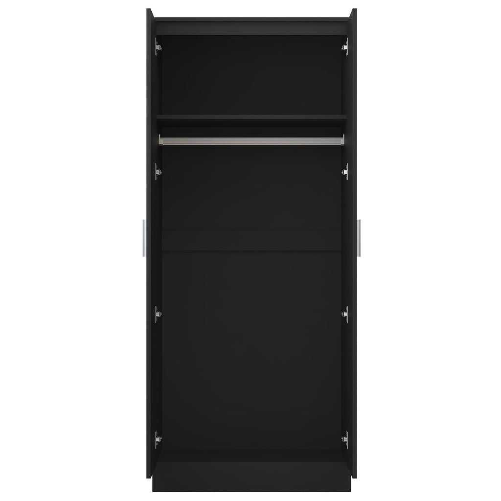 Reflect 2 Door Plain Wardrobe - Black Gloss & Black Oak - Hanging Rails & Shelves - H: 180cm x W: 76cm - Modern Sleek Design