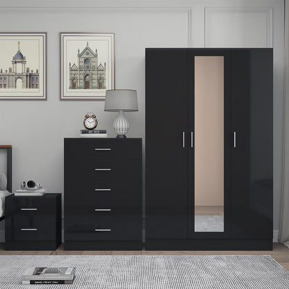 REFLECT Gloss 3pc Set - 3 Door Mirrored Wardrobe + 5 Draw Chest + Bedside
