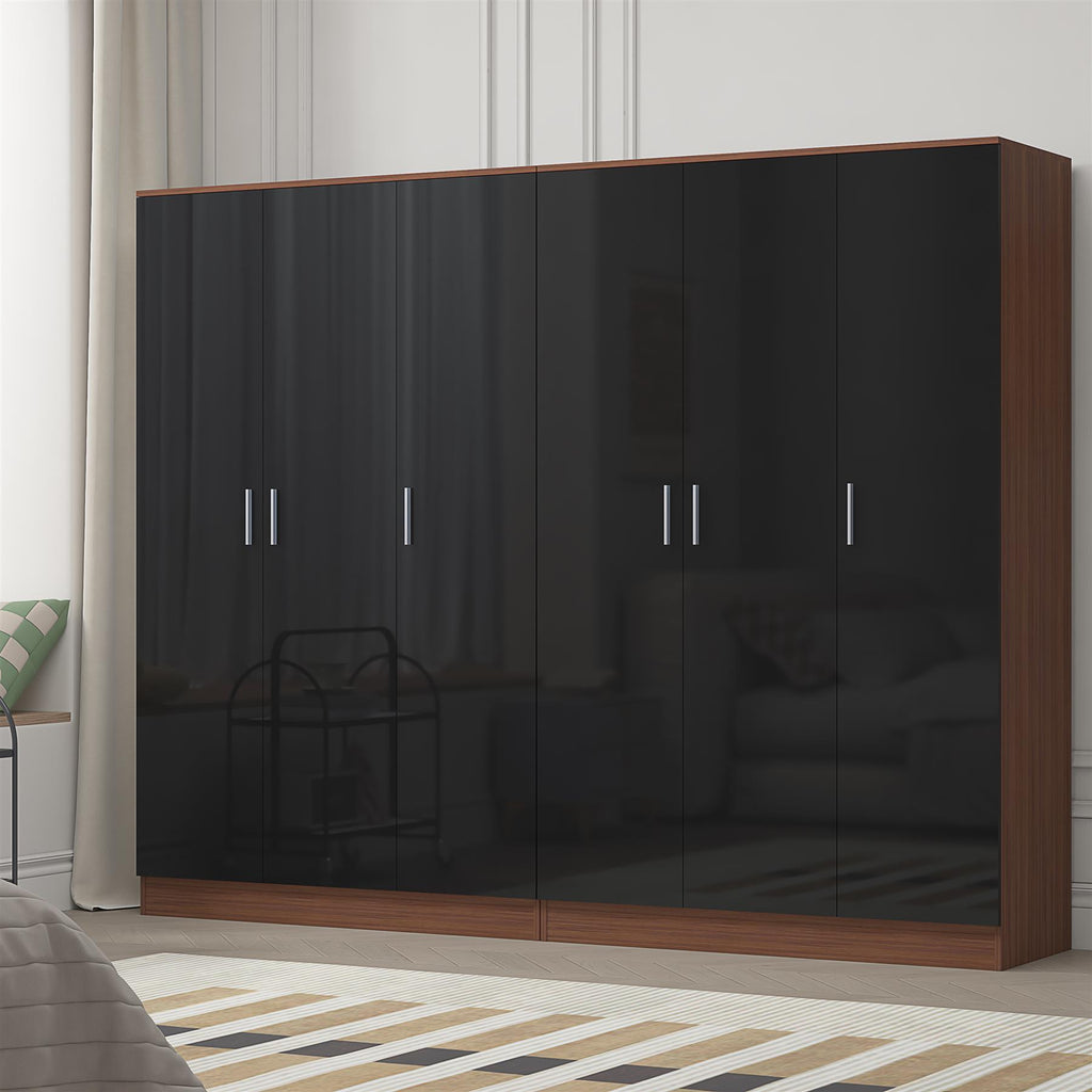 Reflect 2pc Wardrobe Bundle - 3 Door Plain + 3 Door Plain - Black Gloss & Walnut