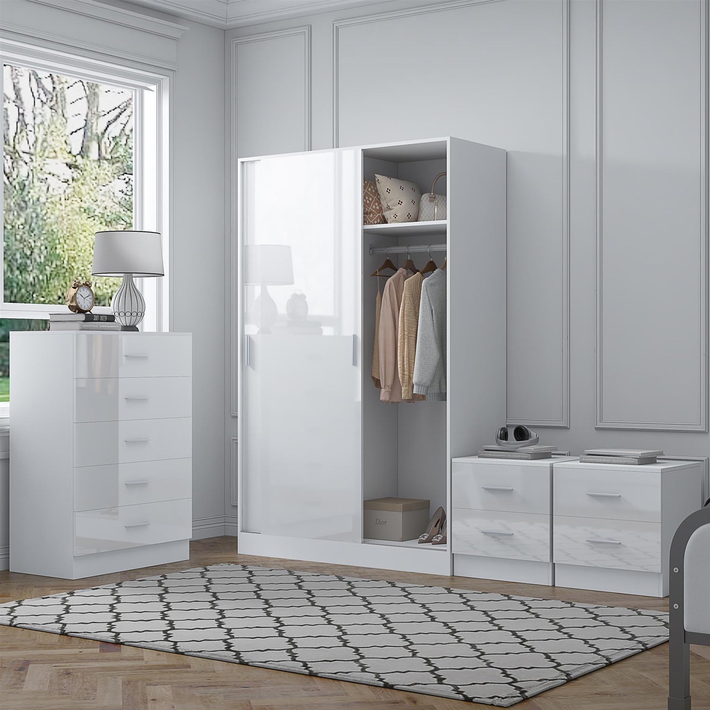 REFLECT Gloss 4pc Set - 2 Door Sliding Wardrobe + 5 Draw Chest + 2 Bedsides