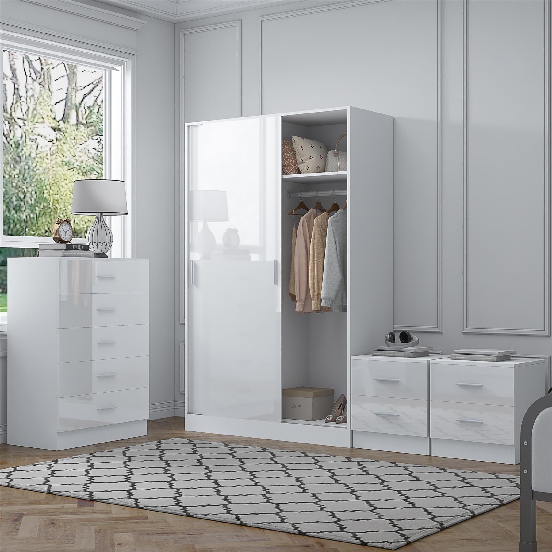Reflect 2 Door Sliding Wardrobe, 5 Drawer Chest, 2x 2 Drawer Bedsides - White Gloss & Matt White - Modern Bedroom Furniture Set