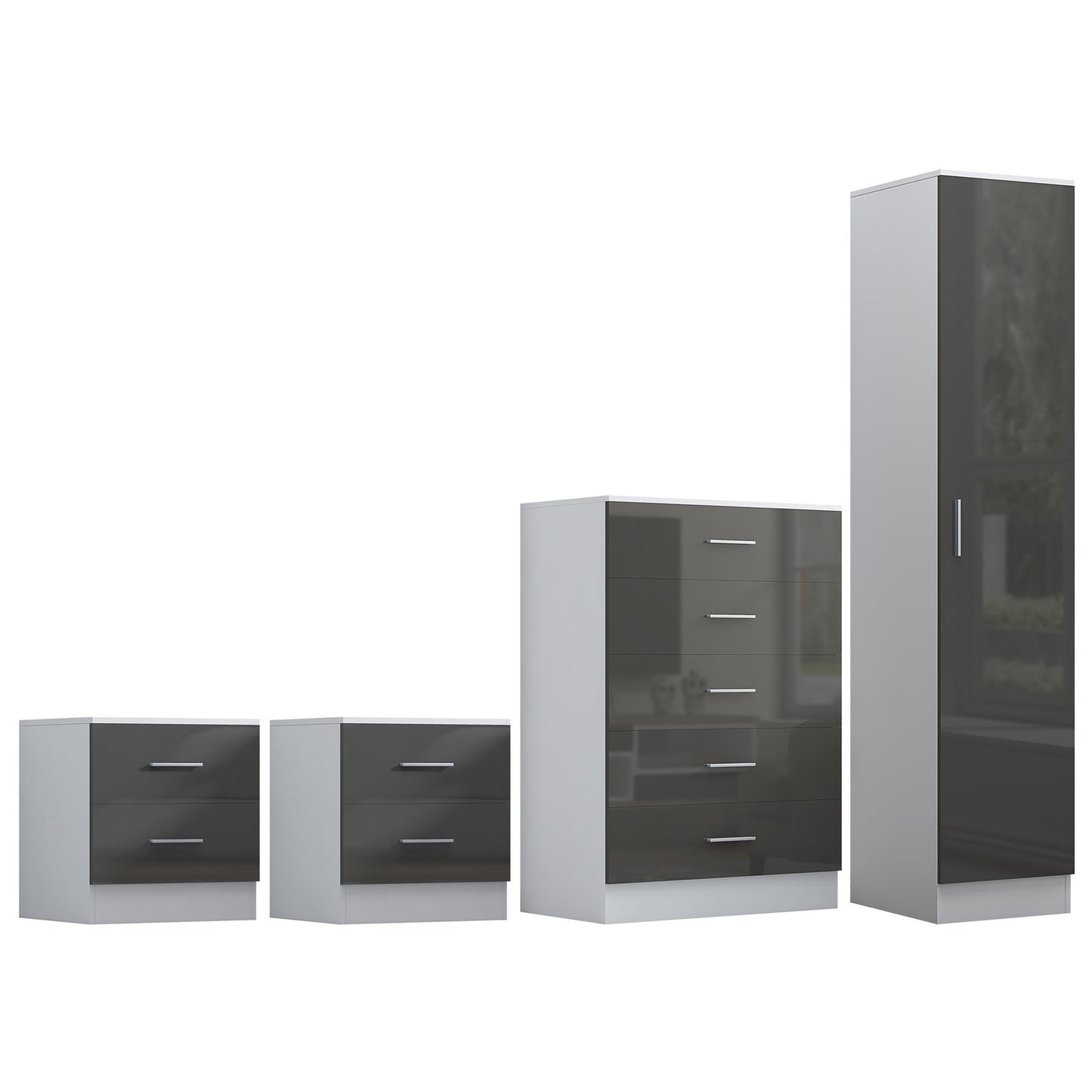 REFLECT Gloss 4pc Bedroom Set - 1 Door Wardrobe + 5 Draw Chest + 2 Bedsides
