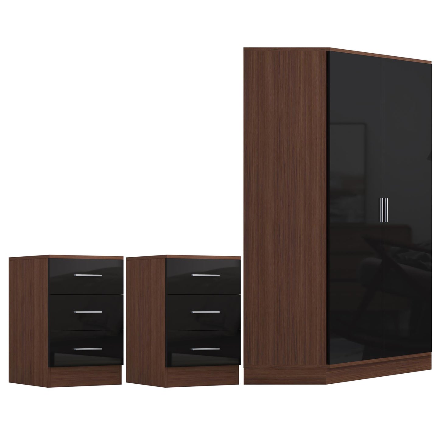Reflect 3pc Wardrobe Bundle - 2 Door Corner + 2x 3 Drawer Bedsides - Black Gloss & Walnut