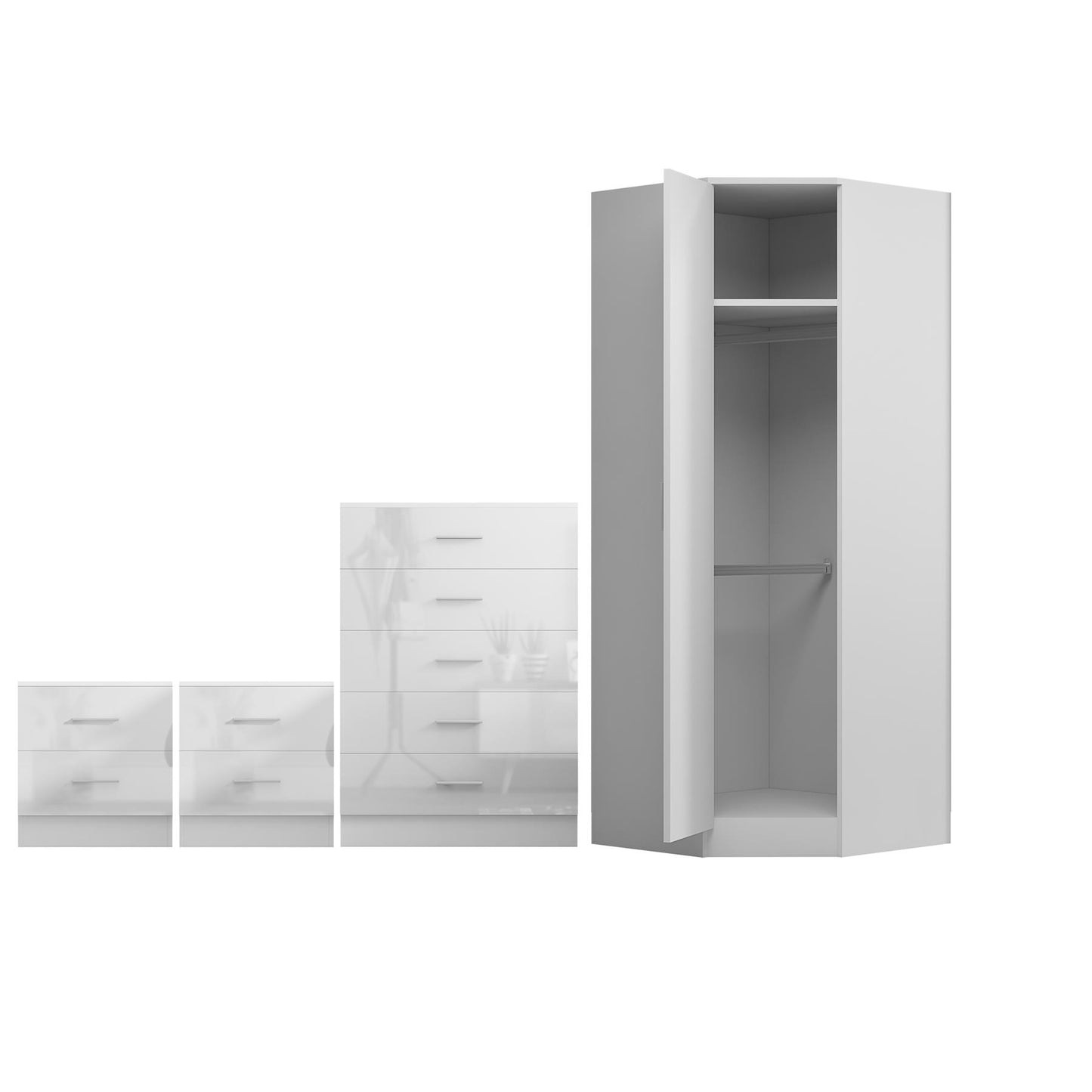 REFLECT 1dr Corner Bedroom Furniture Bundles Chest, Bedsides, Desks - 4 Colours