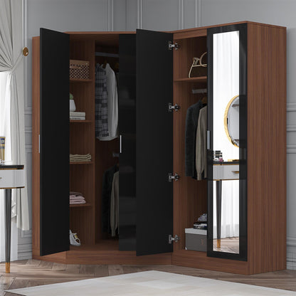 Reflect 2pc Wardrobe Bundle - 2 Door Corner + 2 Door Mirror - Black Gloss & Walnut