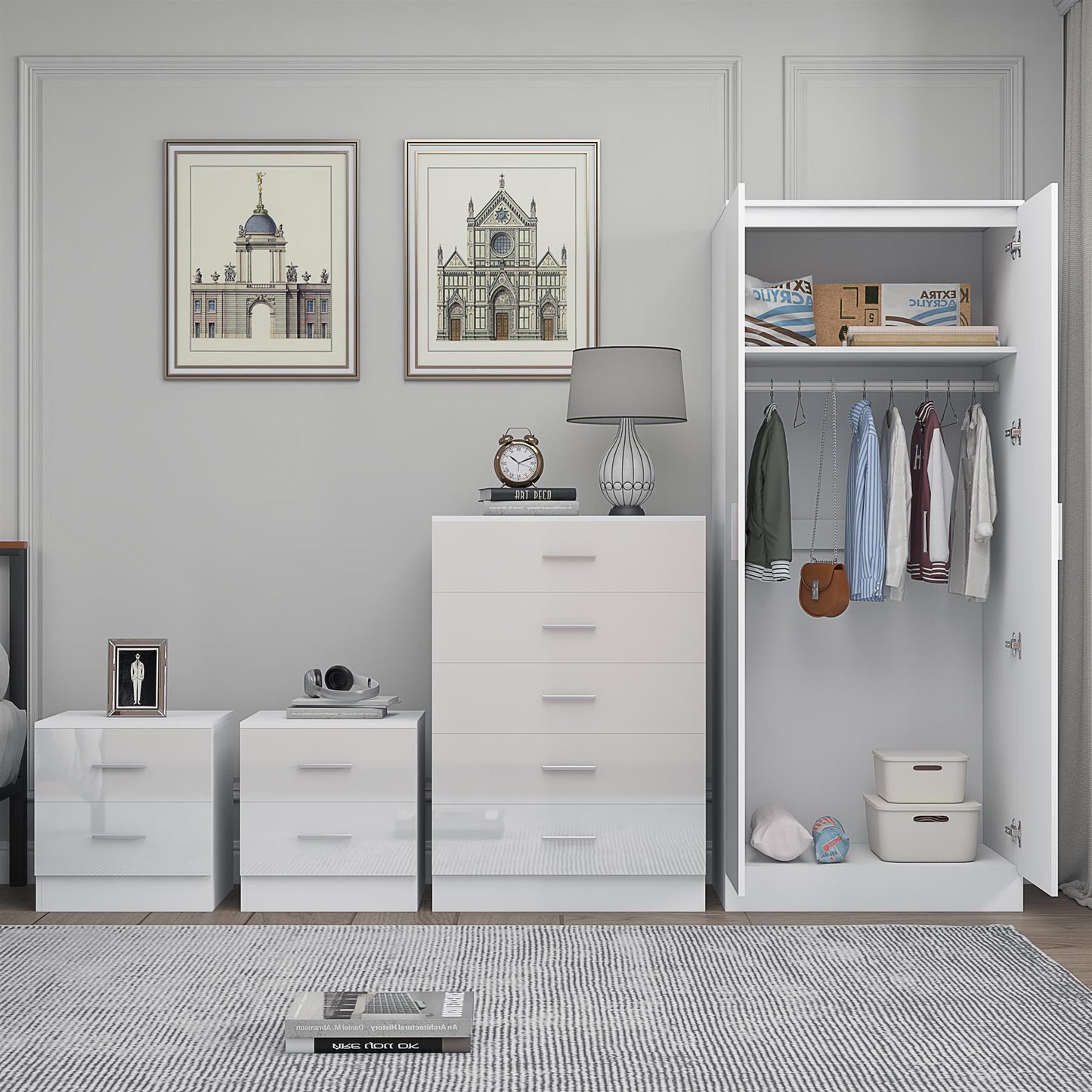 REFLECT Gloss 4pc Bedroom Set - 2 Door Wardrobe + 5 Draw Chest + 2 Bedsides