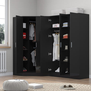 Reflect 2pc Wardrobe Bundle - 2 Door Corner + 3 Door Mirror - Black Gloss & Black Oak