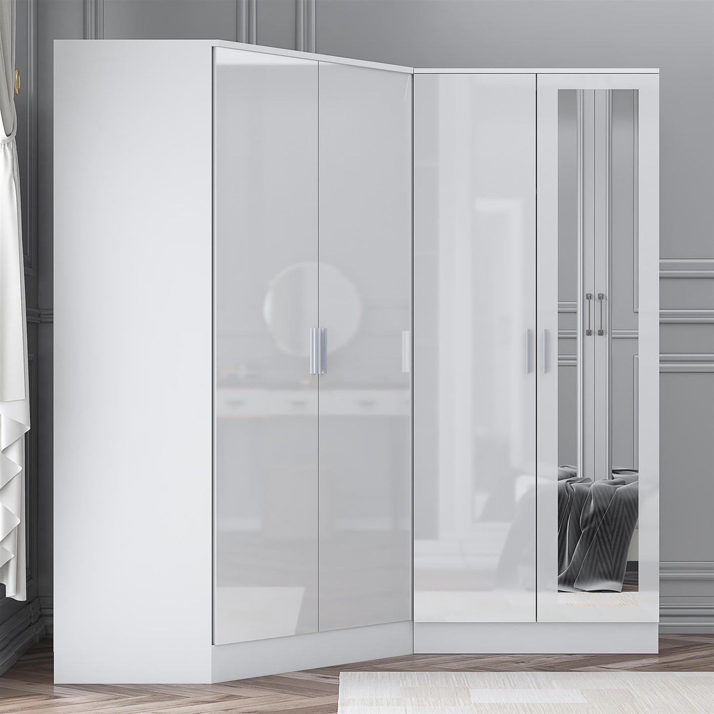 Reflect 2pc Wardrobe Bundle - 2 Door Corner + 2 Door Mirror - White Gloss & Matt White