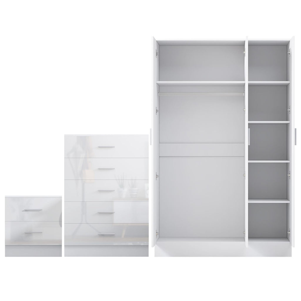 Reflect 3 Door Plain Wardrobe, 5 Drawer Chest, 2 Drawer Bedside - White Gloss & Matt White - Modern Bedroom Furniture Set