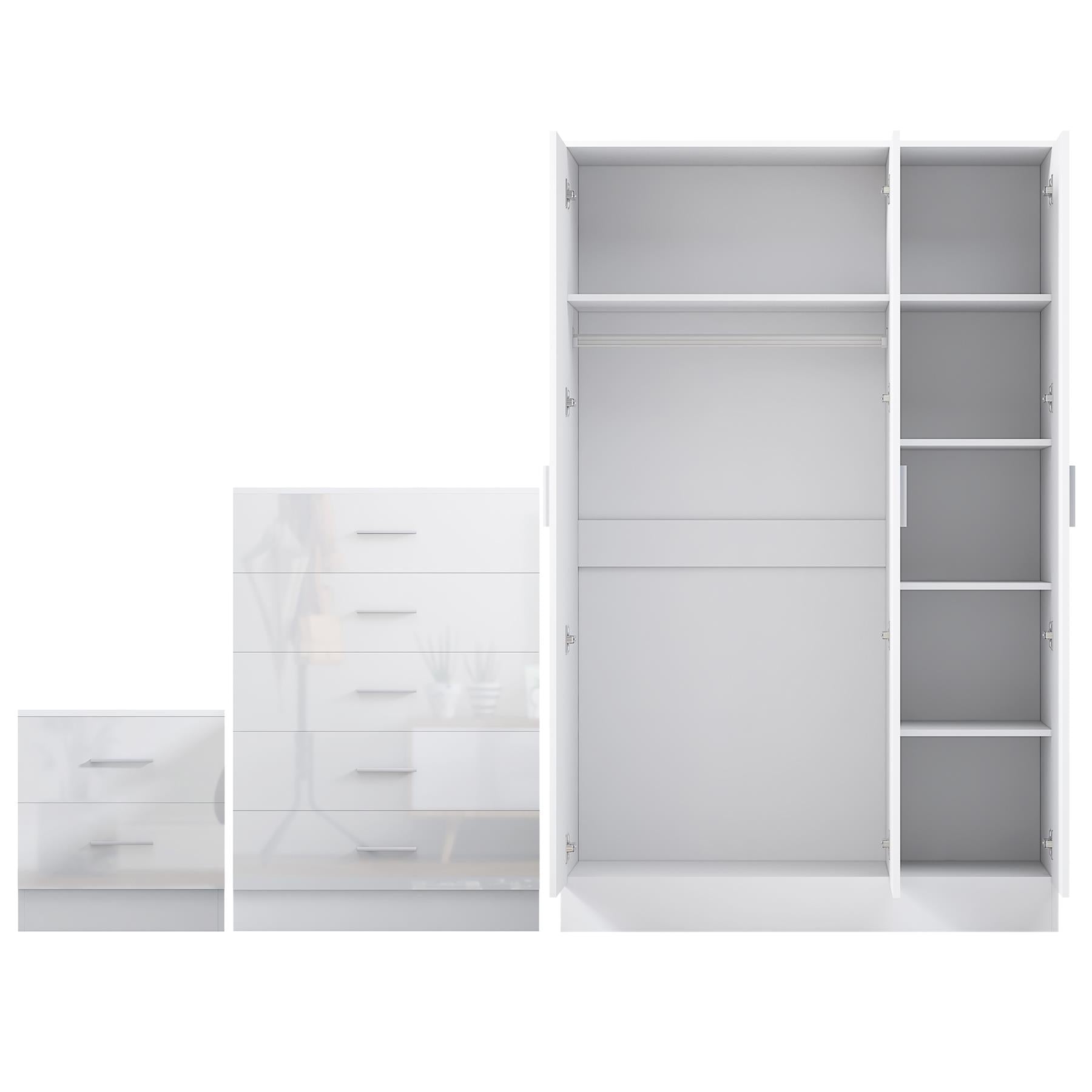 Reflect 3 Door Plain Wardrobe, 5 Drawer Chest, 2 Drawer Bedside - White Gloss & Matt White - Modern Bedroom Furniture Set