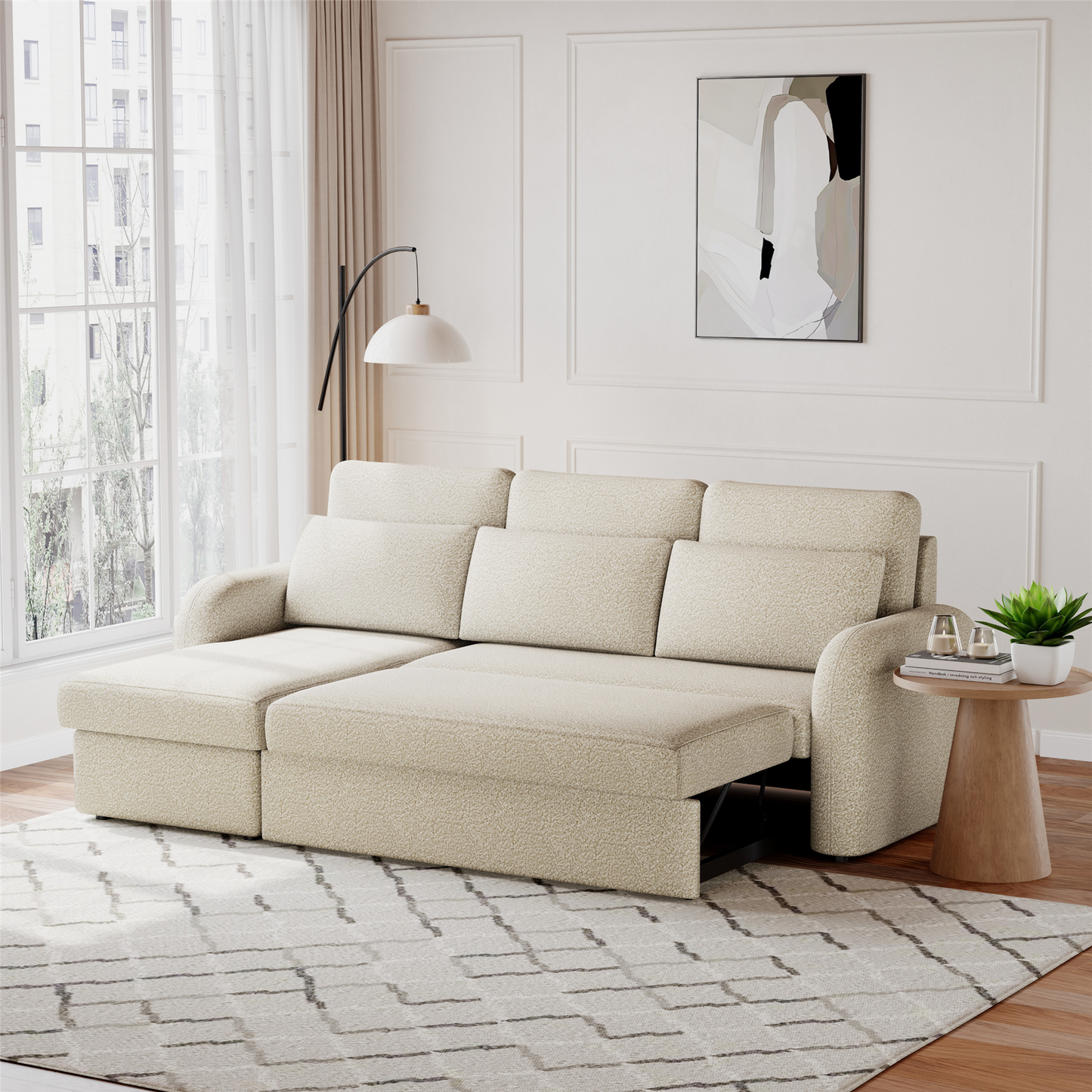 FLYN - 3 Seater L Shape Corner Sofabed in Teddy Boucle BEIGE