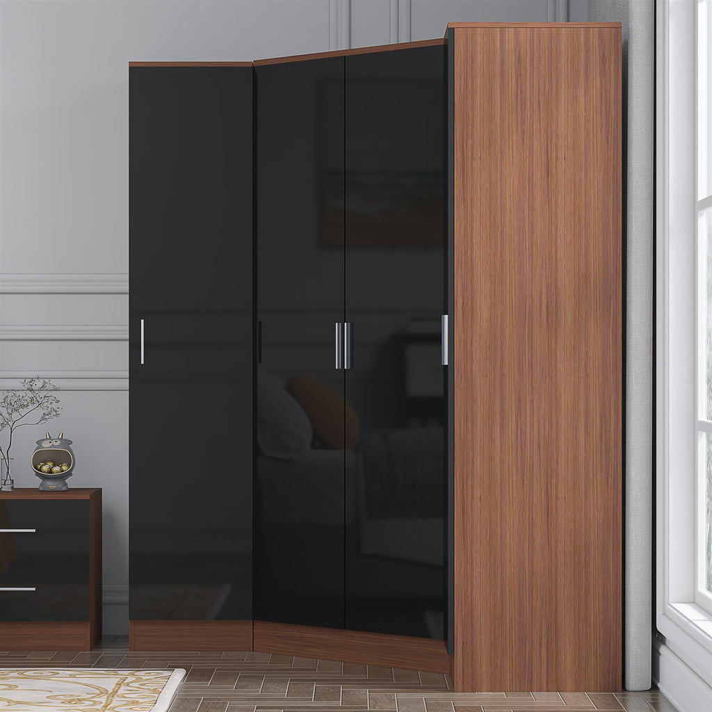 Reflect 3pc Wardrobe Bundle - 2 Door Corner + 2x 1 Door Plain - Black Gloss & Walnut - H: 180cm x W: 179cm x D: 103cm