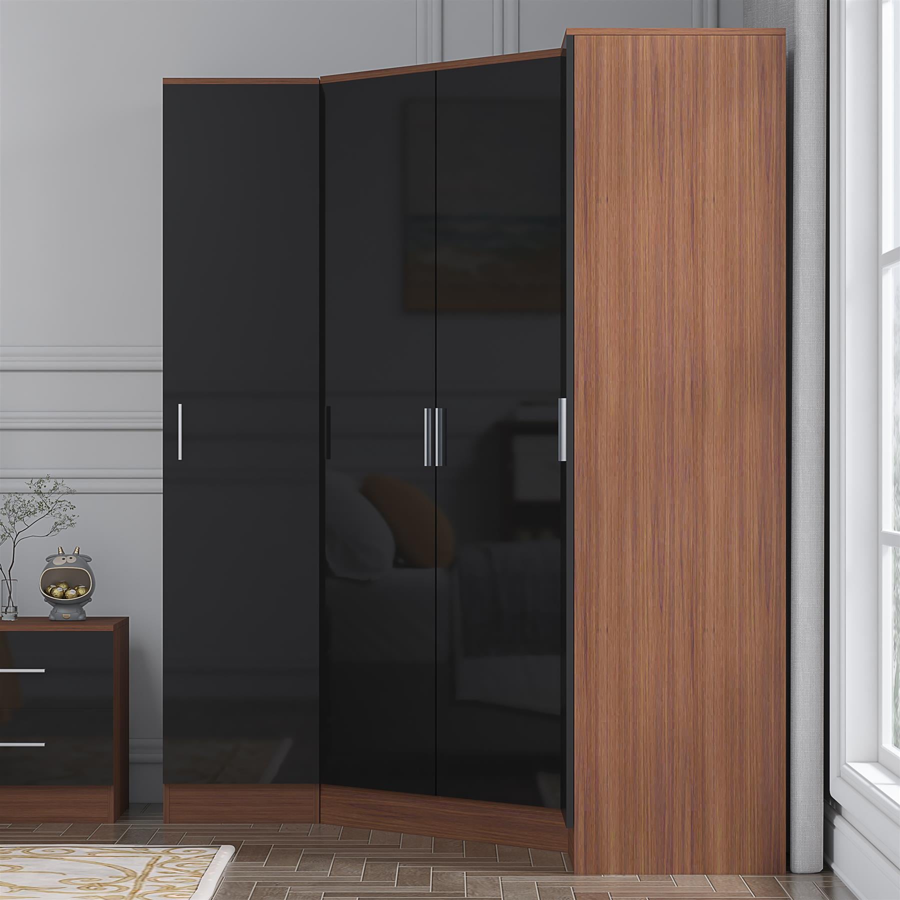 Reflect 3pc Wardrobe Bundle - 2 Door Corner + 2x 1 Door Plain - Black Gloss & Walnut