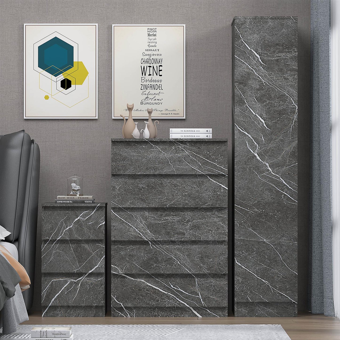 ZITA 3pc Set - 1 Door Wardrobe + Tall Chest + Bedside in White OR Grey Marble