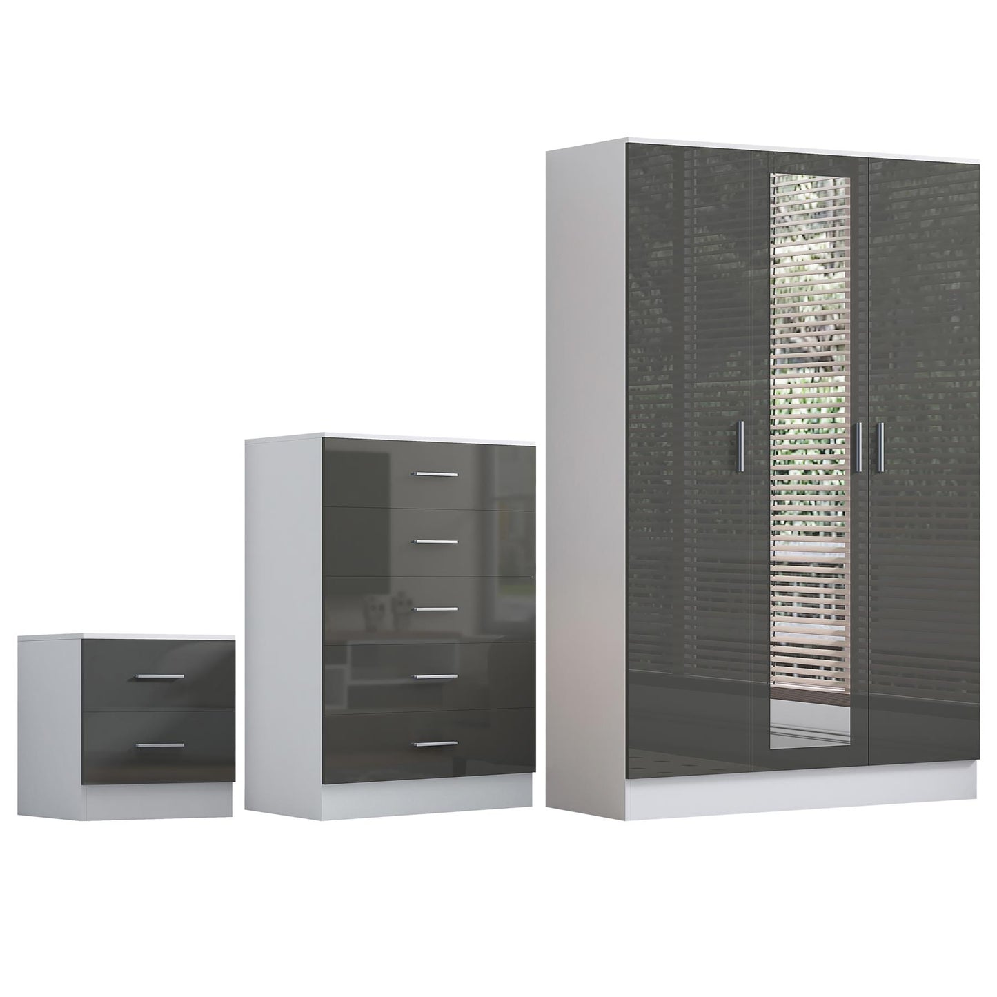 REFLECT Gloss 3pc Set - 3 Door Mirrored Wardrobe + 5 Draw Chest + Bedside