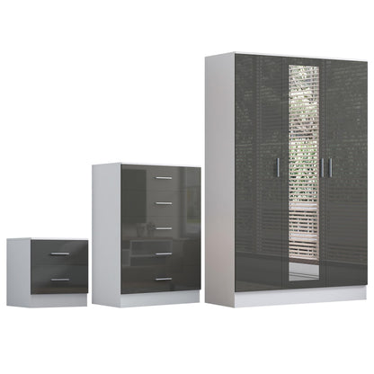 Reflect 3 Door Mirror Wardrobe, 5 Drawer Chest, 2 Drawer Bedside - Grey Gloss & Matt White - Modern Bedroom Furniture Set