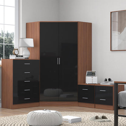 REFLECT Gloss 4pc Set - 2 Door Corner Wardrobe + 5 Draw Chest + 2 Bedsides
