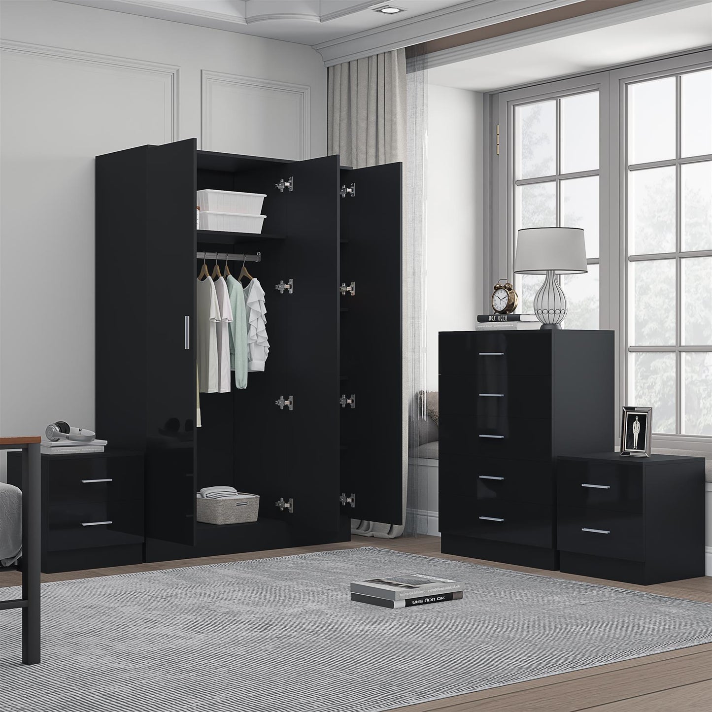 Reflect 3 Door Plain Wardrobe, 5 Drawer Chest, 2x 2 Drawer Bedsides - Black Gloss & Black Oak - Modern Bedroom Furniture Set