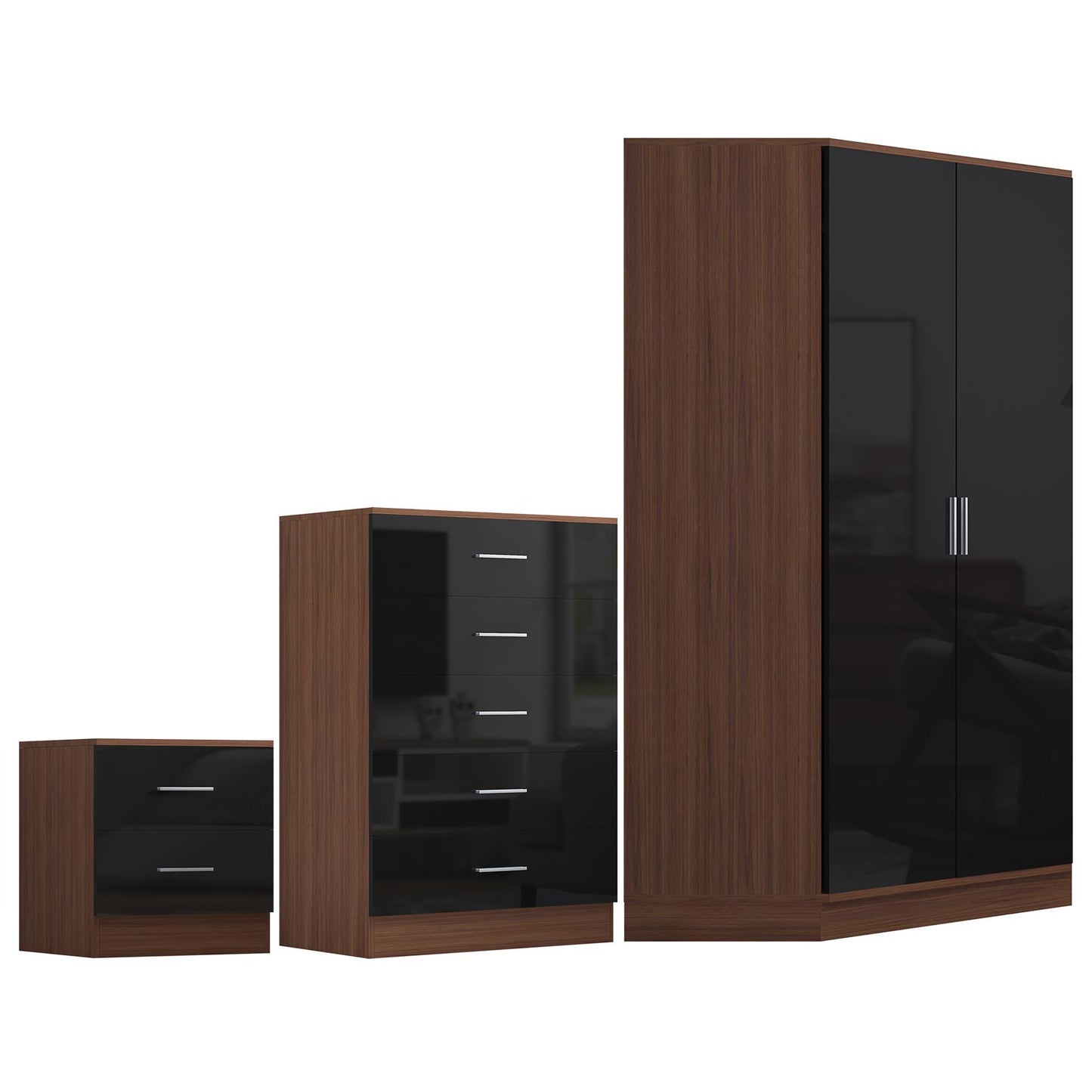 REFLECT Gloss 3pc Set - 2 Door Corner Wardrobe + 5 Draw Chest + Bedside