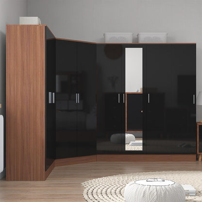 Reflect 4pc Wardrobe Bundle - 2 Door Corner + 3 Door Mirror + 3 Door Plain + 1 Door Plain - Black Gloss & Walnut