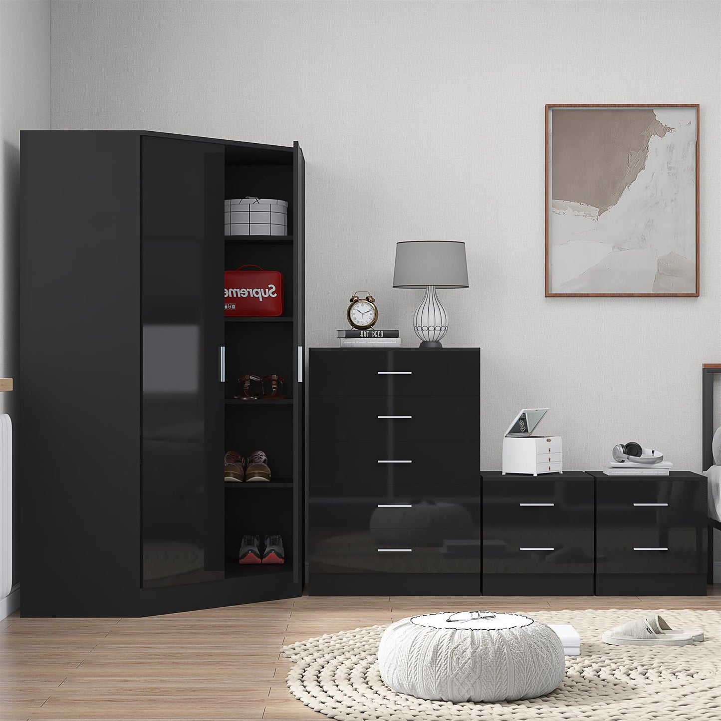 REFLECT Gloss 4pc Set - 2 Door Corner Wardrobe + 5 Draw Chest + 2 Bedsides