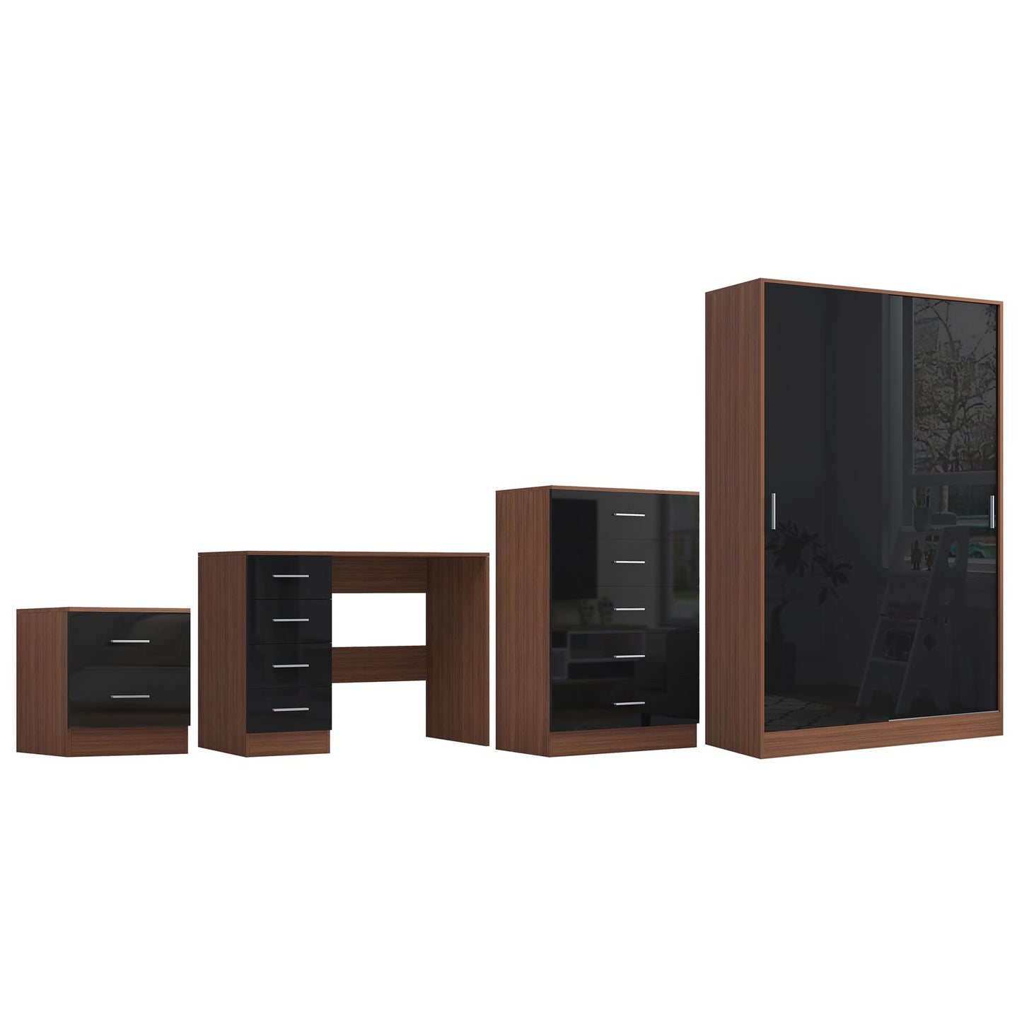 Reflect 2 Door Sliding Wardrobe, 5 Drawer Chest, 2 Drawer Bedside & Desk - Black Gloss & Walnut - Modern Bedroom Furniture Set