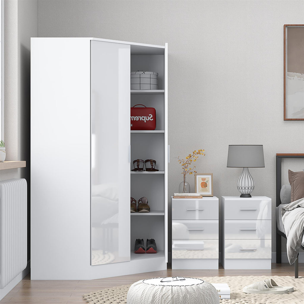 REFLECT - 2 Door CORNER + 2x 3 Drawer Bedside - Gloss White / Matt White