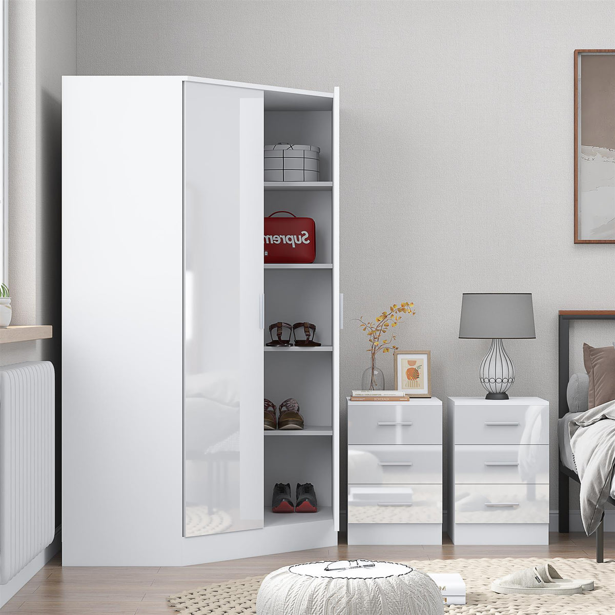 Reflect 3pc Wardrobe Bundle - 2 Door Corner + 2x 3 Drawer Bedsides - White Gloss & Matt White
