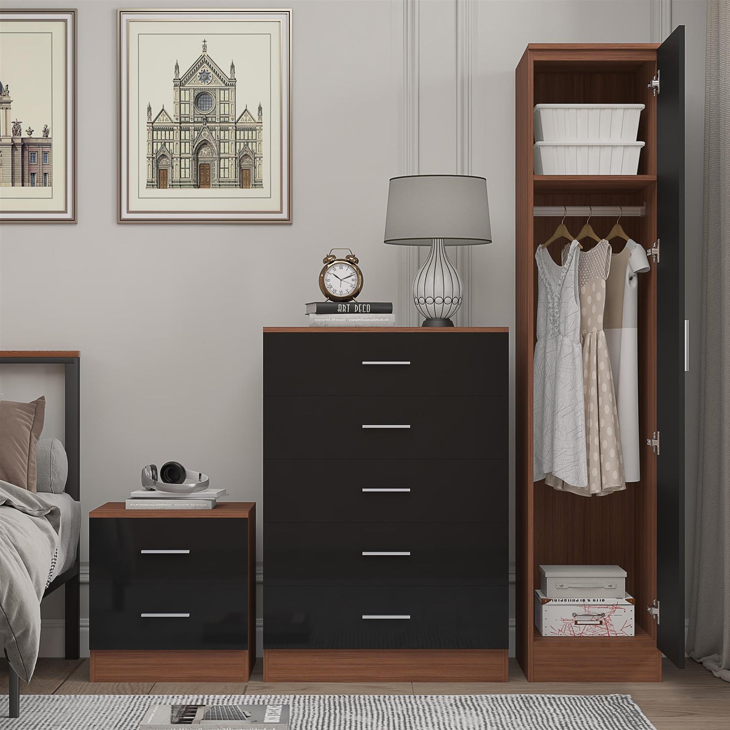 REFLECT Gloss 3pc Bedroom Set - 1 Door Wardrobe + 5 Draw Chest + Bedside