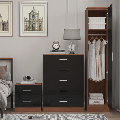 Reflect 1 Door Plain Wardrobe, 5 Drawer Chest, 2 Drawer Bedside - Black Gloss & Walnut - Bedroom Furniture Set