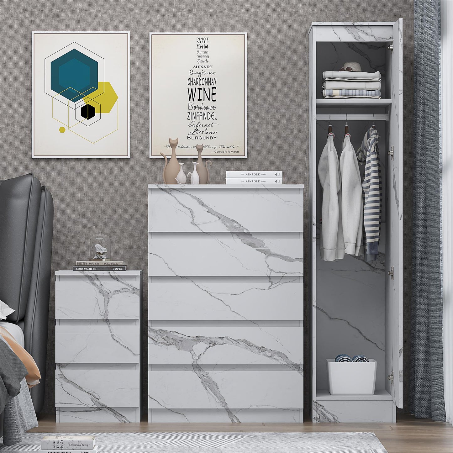 ZITA 3pc Set - 1 Door Wardrobe + Tall Chest + Bedside in White OR Grey Marble