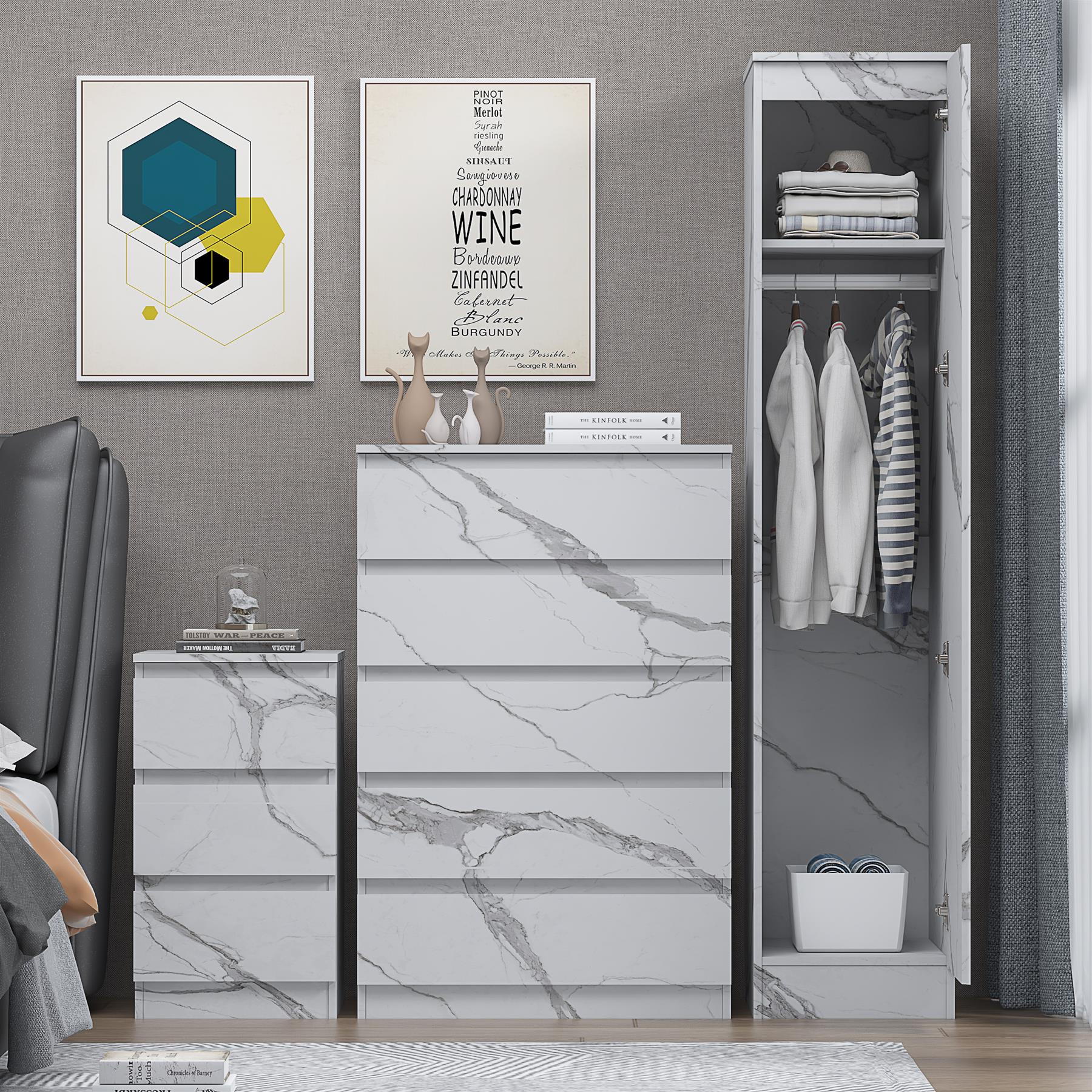 ZITA White Marble Effect 3 Piece Bedroom Set - 1-Door Wardrobe, Chest & Bedside Table, Stylish Modern Storage Furniture