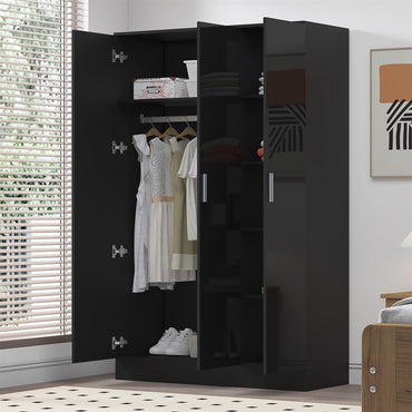 Reflect 3 Door Plain Wardrobe - Black Gloss & Black Oak - Hanging Rail & 4 Shelves - Modern Design