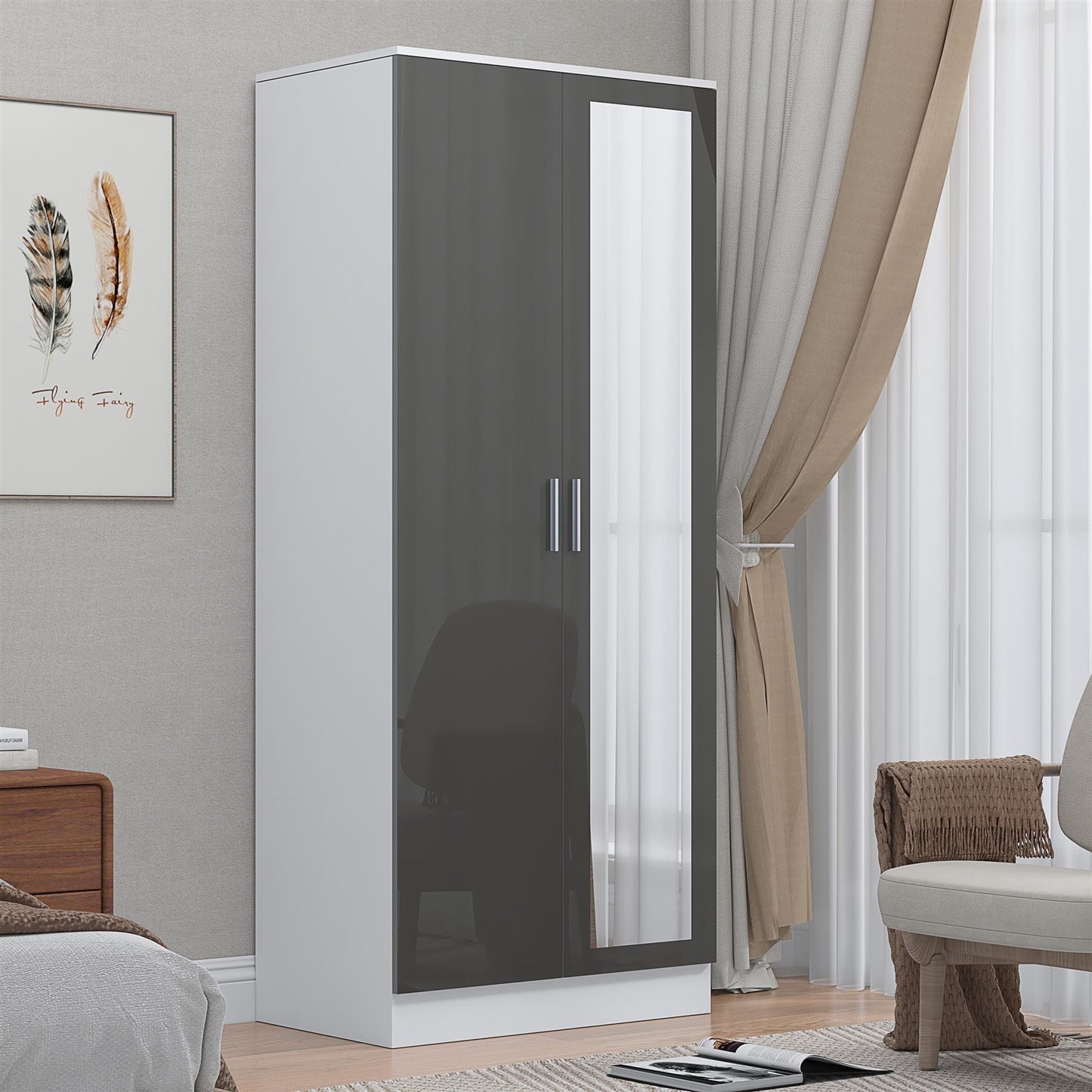 REFLECT High Gloss Bedroom Furniture Wardrobe Chest Bedside Desk in Grey/White