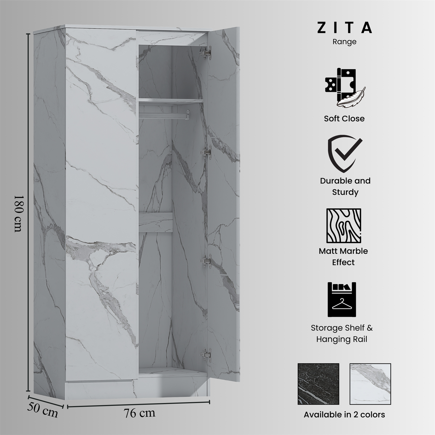 ZITA White Marble Effect 4 Piece Bedroom Set - 2 Door Wardrobe, Tall Chest & 2 Bedside Tables, Stylish Storage Solution