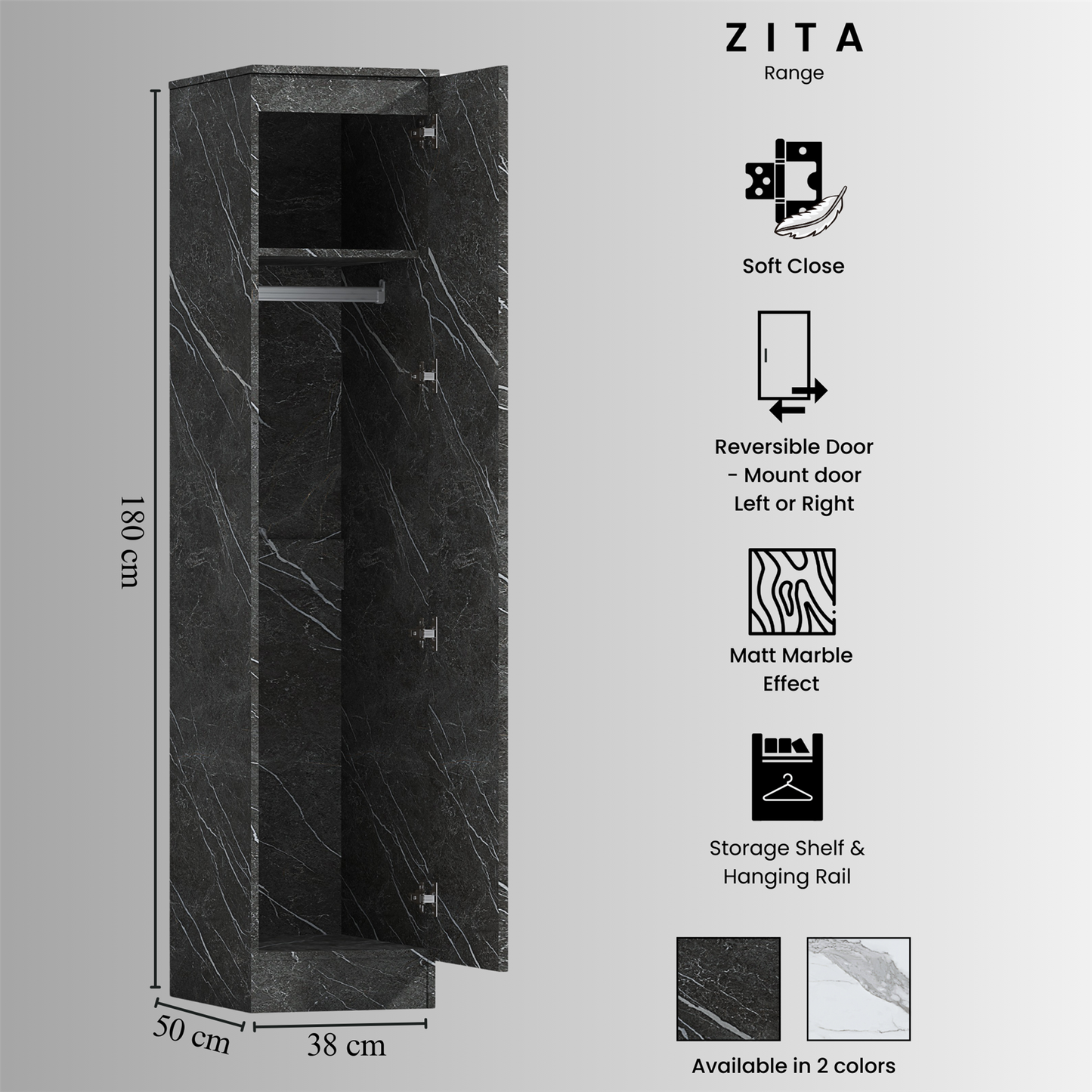 ZITA Grey Marble Effect 3 Piece Bedroom Set - 1-Door Wardrobe, Chest & Bedside Table, Stylish Modern Storage Furniture