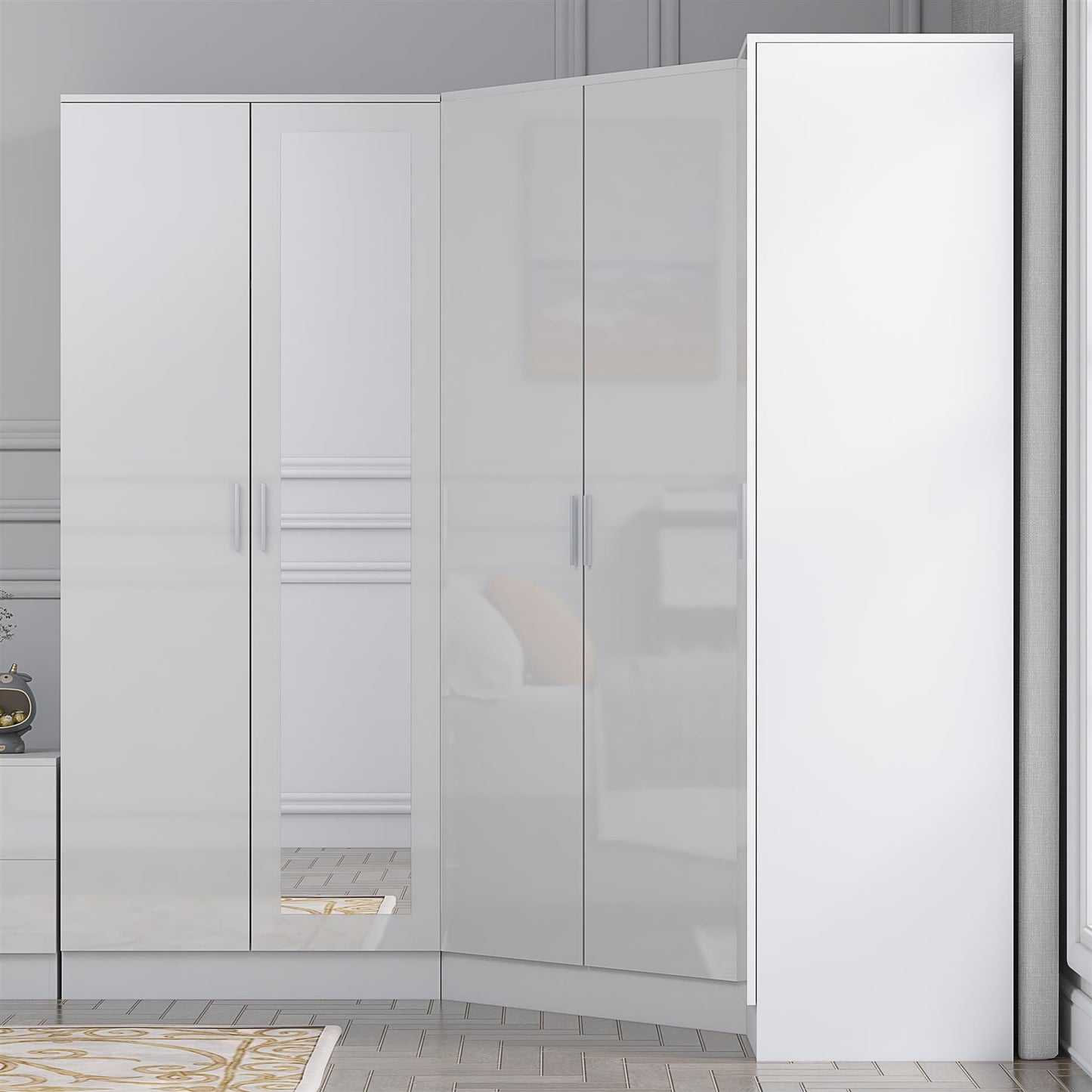 Reflect 3pc Wardrobe Bundle - 2 Door Corner + 2 Door Mirror + 1 Door Plain - White Gloss & Matt White