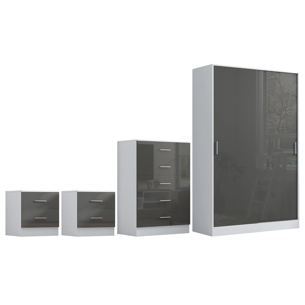 REFLECT Gloss 4pc Set - 2 Door Sliding Wardrobe + 5 Draw Chest + 2 Bedsides
