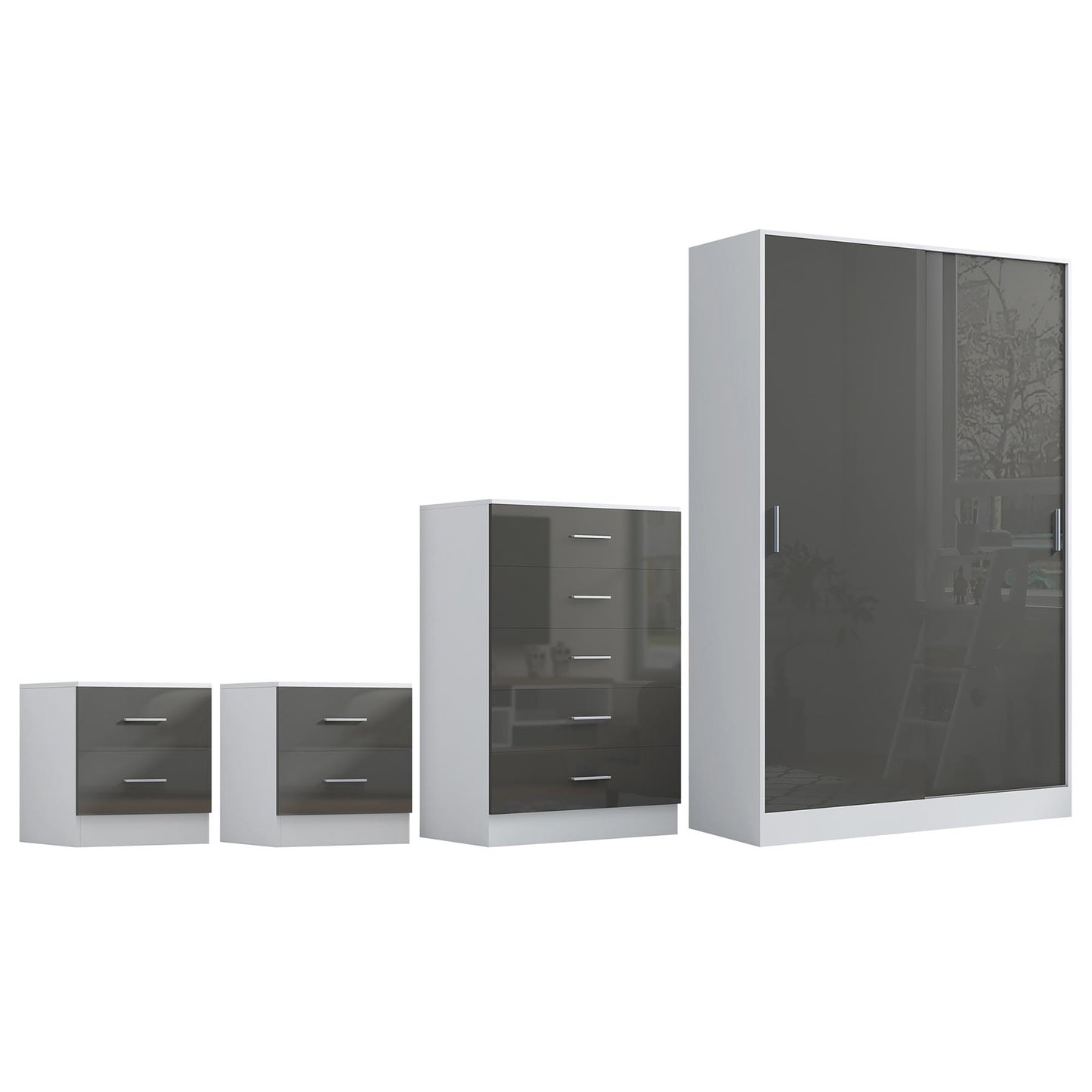 REFLECT Gloss 4pc Set - 2 Door Sliding Wardrobe + 5 Draw Chest + 2 Bedsides