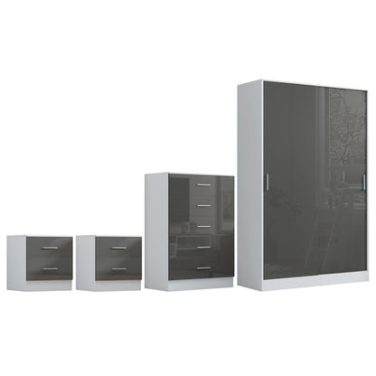 REFLECT Gloss 4pc Set - 2 Door Sliding Wardrobe + 5 Draw Chest + 2 Bedsides