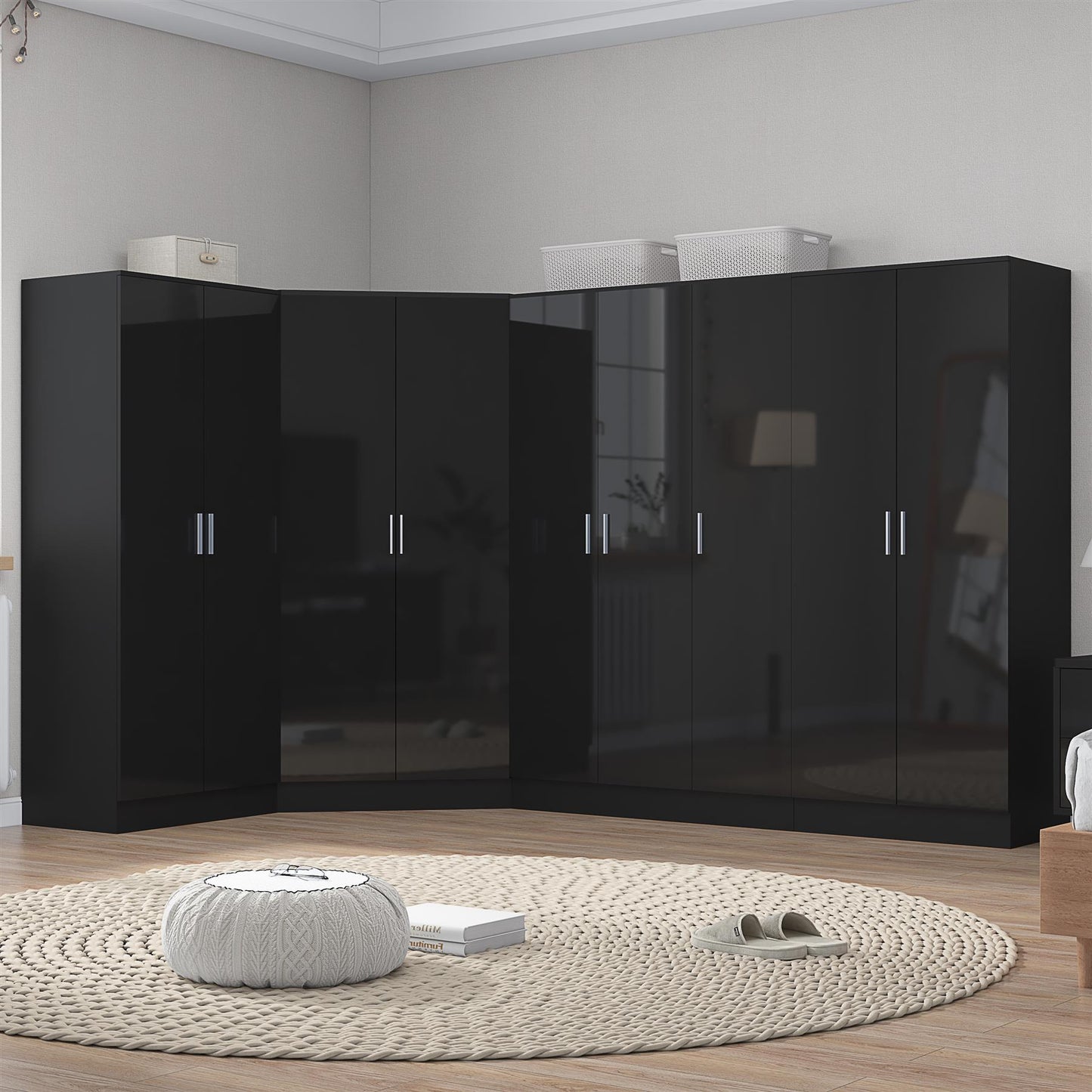Reflect 4pc Wardrobe Bundle - 2 Door Corner + 3 Door Plain + 2x 2 Door Plain - Black Gloss & Black Oak