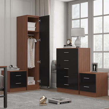 Reflect 1 Door Plain Wardrobe, 5 Drawer Chest, 2x 2 Drawer Bedsides - Black Gloss & Walnut - Modern Bedroom Furniture Set