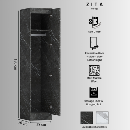 ZITA Compact 1-Door Wardrobe in Grey Marble Effect - Bedroom Storage, Stylish and Space-Saving