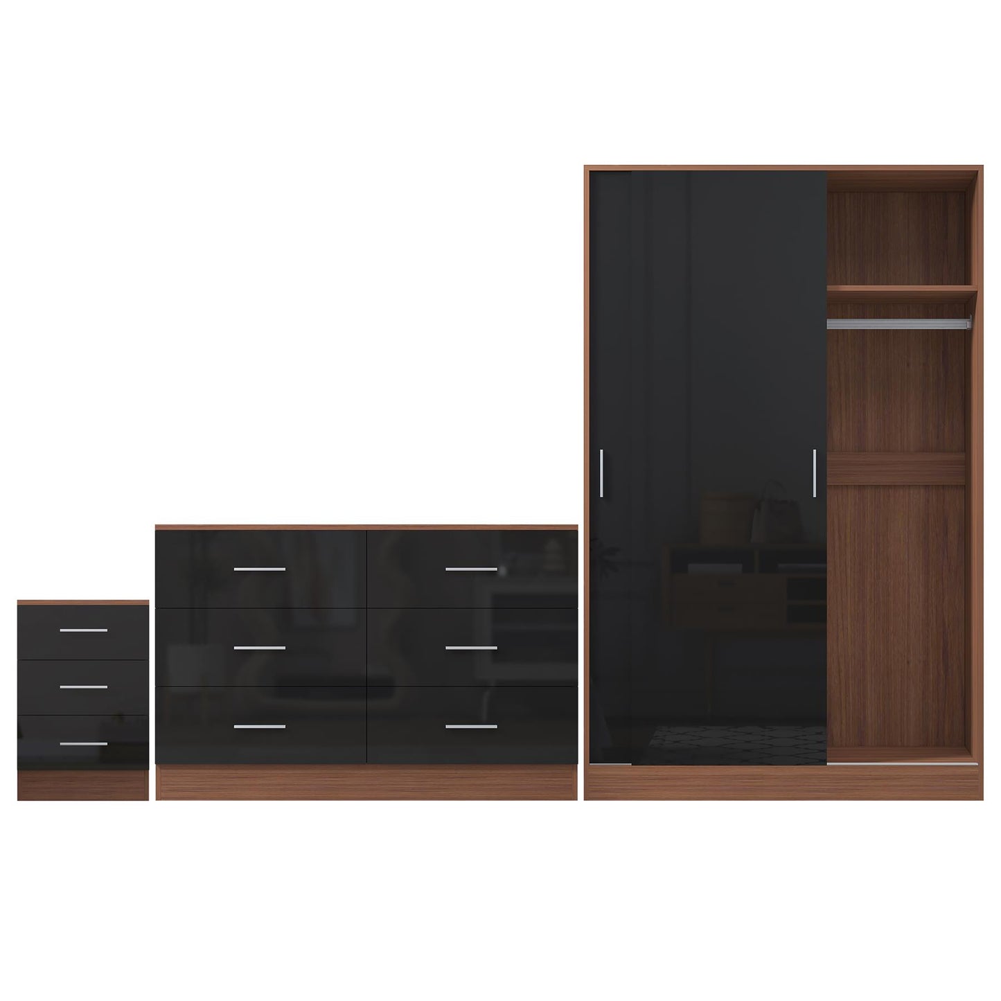 REFLECT Gloss 3pc Set - 2 Door Sliding Wardrobe + Wide Chest + Tall Bedside