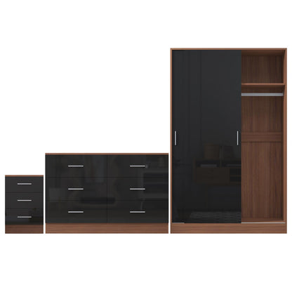 Reflect 2 Door Sliding Wardrobe, 6 Drawer Wide Chest, 3 Drawer Bedside - Black Gloss & Walnut - Modern Bedroom Furniture Set