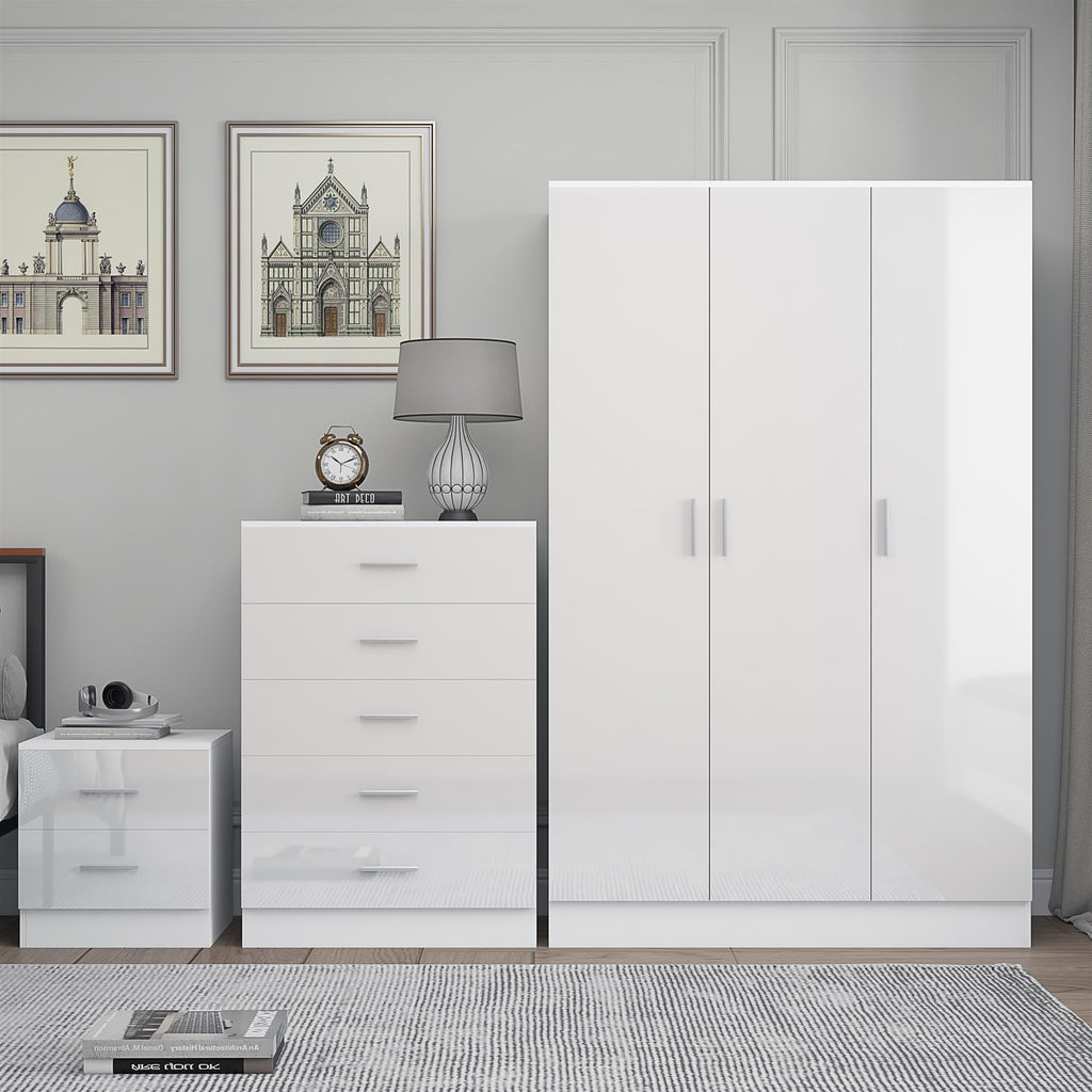 REFLECT Gloss 3pc Bedroom Set - 3 Door Wardrobe + 5 Draw Chest + Bedside